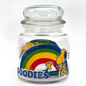 Vintage Peanuts Snoopy & Woodstock Glass Goodies Cookie Candy Jar & Rainbow 5"